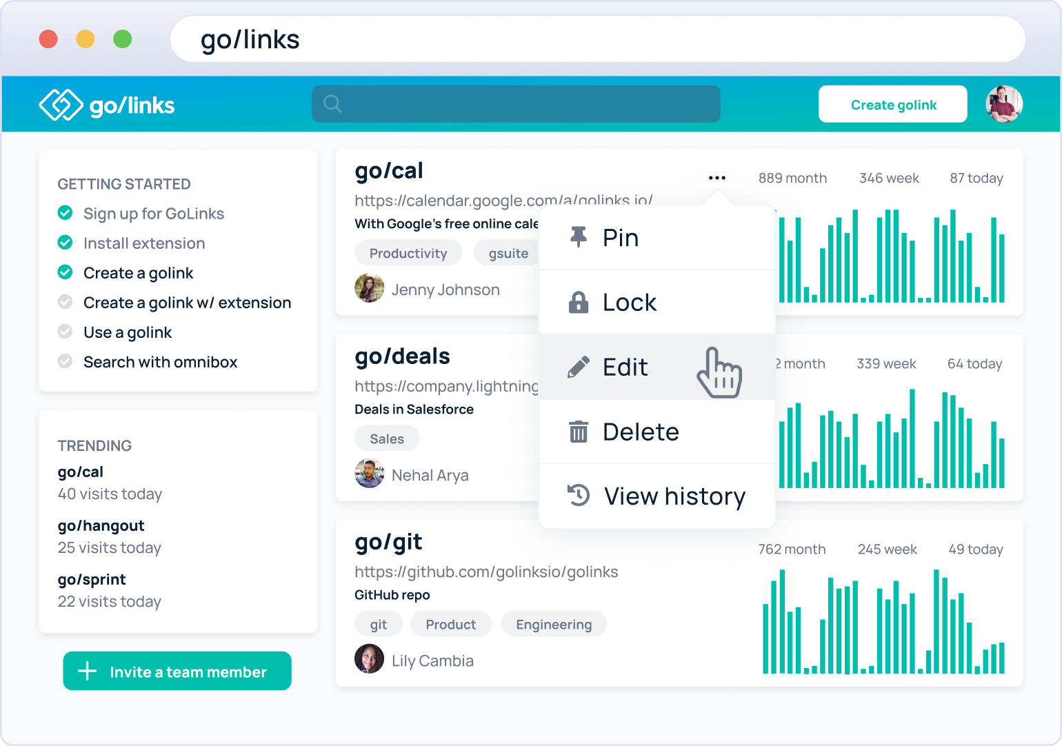 GoLink dashboard showing users how to edit a go link